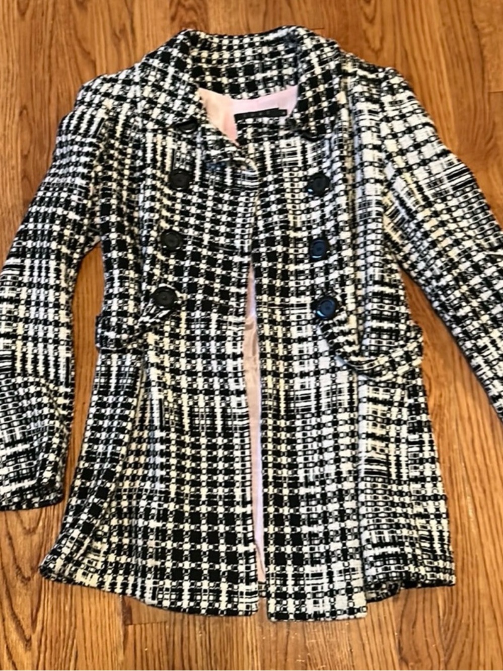 Arden B Black and White Tweed Double-Breasted Pea Coat